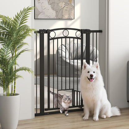 PawHut 106 cm hohes Haustiergitter mit anpassbarer Breite, integrierte Katzentür, für Treppen und Türrahmen, Schwarz