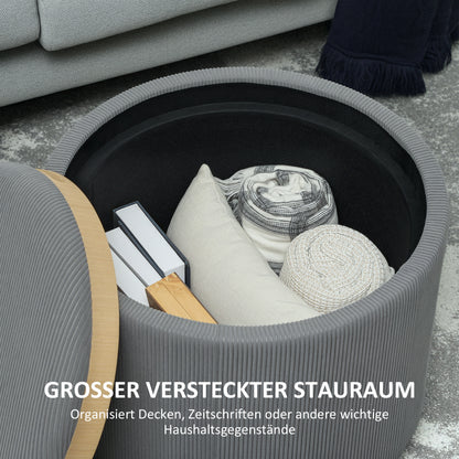 HOMCOM Aufbewahrungshocker mit Stauraum, rund, Fußstütze, Cordstoff, MDf, Grau