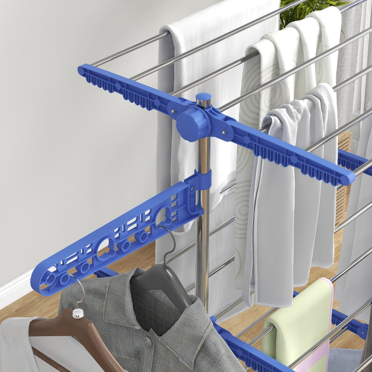 HOMCOM Wäschenständer Wäschetrockner. 4 Ebenen, klappbar, One-Klick-System, 142 cm x 55 cm x 152 cm Blau + Silber