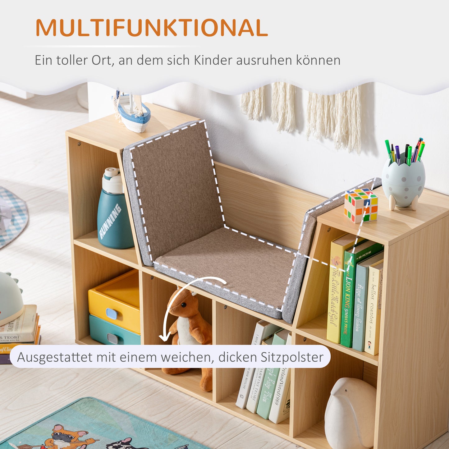 HOMCOM 2-in-1 Kinderregal Regal + Sitzbank inkl. Polster 103 cm × 30 cm × 62 cm Weiß + Grau
