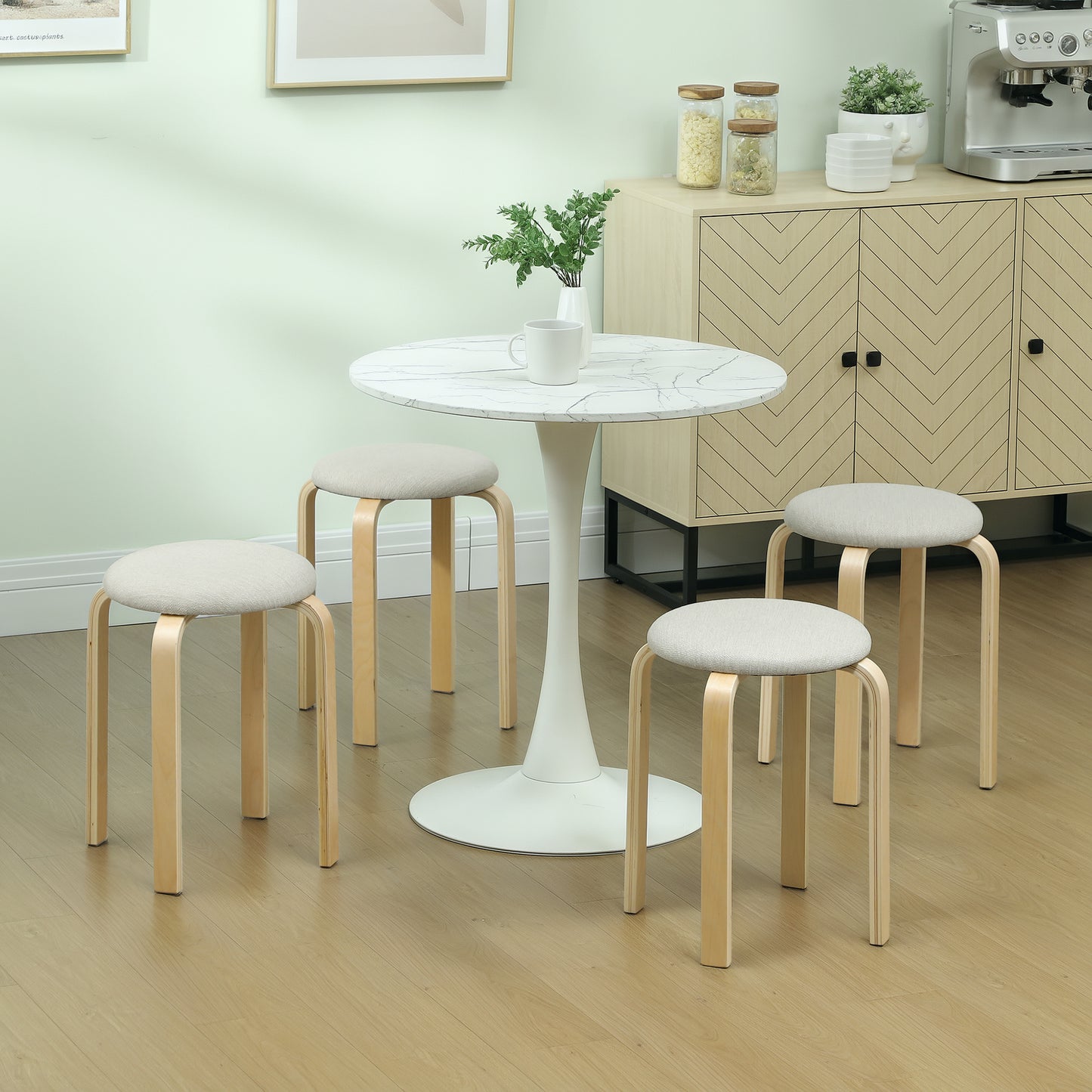 HOMCOM Polsterhocker im 4er-Set, stapelbar, lackierte Oberfläche, Holzbeine, Cremeweiß