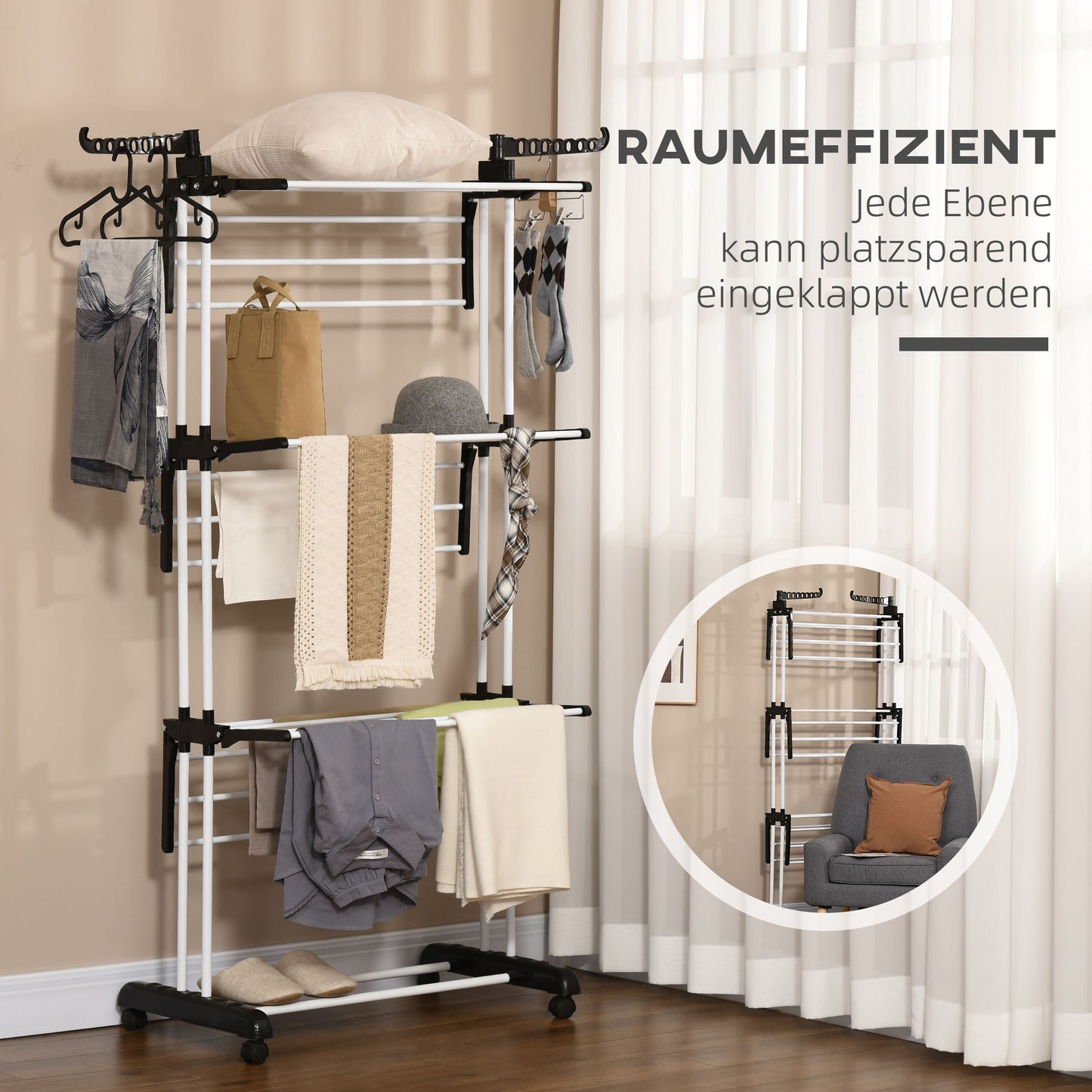 HOMCOM Wäscheständer، 4 Ebenen، klappbar، 4 Rollen mit 2 Bremsen، Metallrahmen، Schwarz، 73 × 64 × 177 سم