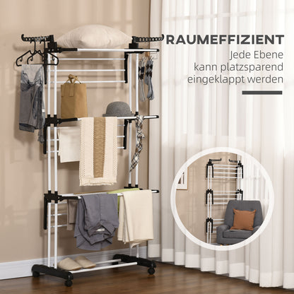 HOMCOM Wäscheständer، 4 Ebenen، klappbar، 4 Rollen mit 2 Bremsen، Metallrahmen، Schwarz، 73 × 64 × 177 سم