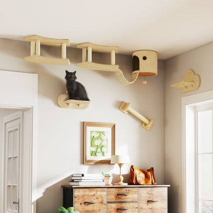 PawHut 5-teiliges Katzen-Kletterset mit Kratzpfosten, Sprungplattformen, Leiter, Haus, Wandmontage, Beige