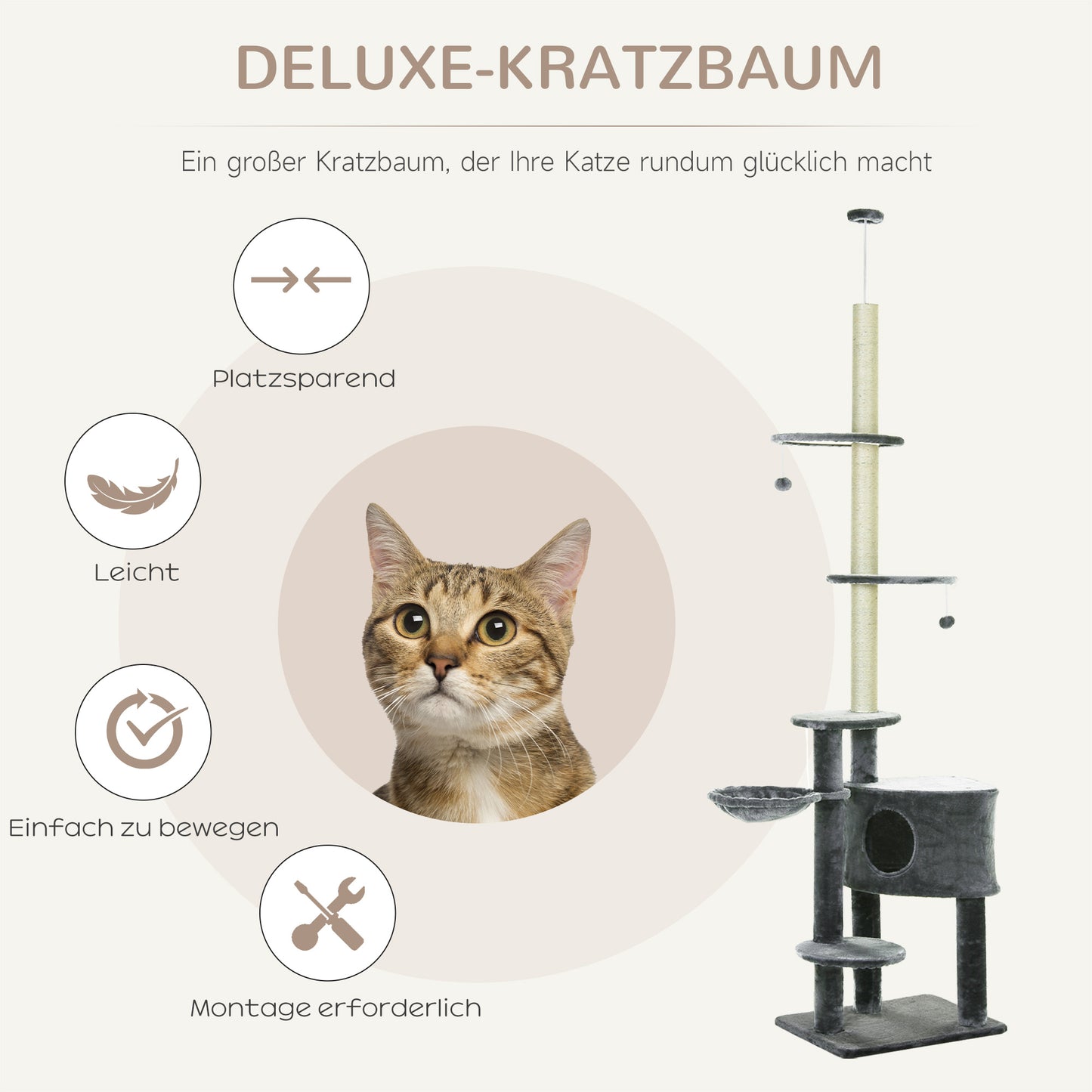PawHut Kratzbaum deckenhoch Höhe 220-265 cm Katzenbaum mit Spielbälle, Katzenhöhle, Hängematte, Sisalstämme, Plattformen mehrstöckiger Katzenkratzbaum Kletterbaum für mittelgroße Katzen, Dunkelgrau