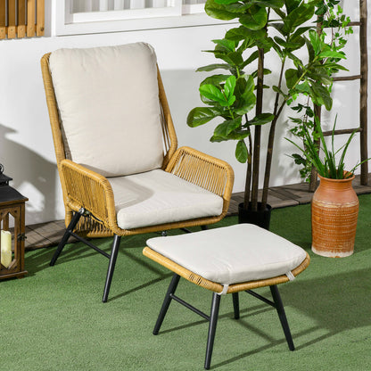 Outsunny Polyrattan Gartenstuhl und Hocker, verstellbare Lehne, Hellbraun/Grau/Schwarz
