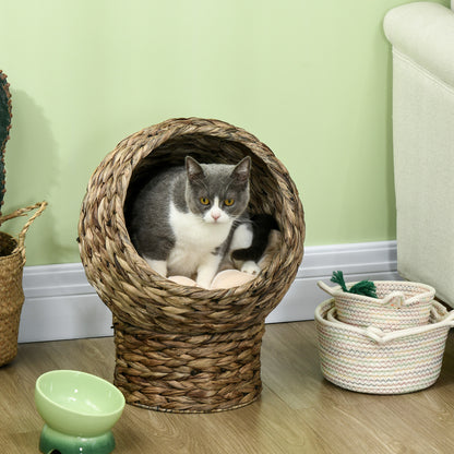 PawHut Rattan Katzenkorb Katzenhöhle Katzenhütte Katzenbett mit Kissen Haustierbett Wasserhyazinthe Kaffee 40 x 37 x 51 سم