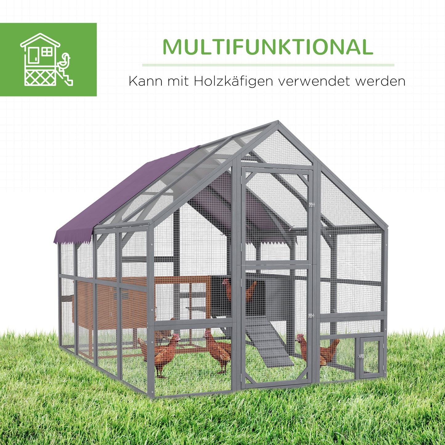 PawHut Hühnerstall Hühnerhaus Hühnerhütte, begehbar, wetterbeständig, 280 x 185,5 x 188 cm, Grau