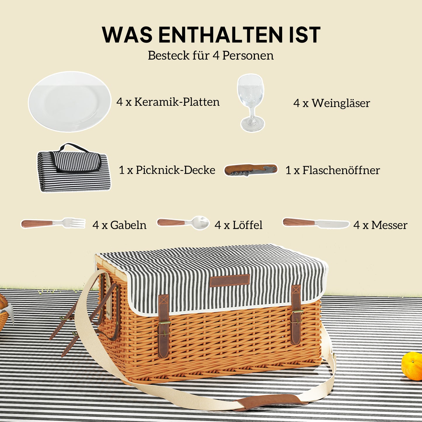 Outsunny Picknickkorb aus Weidenholz Picknickkoffer für 4 Personen mit Picknickdecke Besteck Set, Flascheöffner Hellbraun