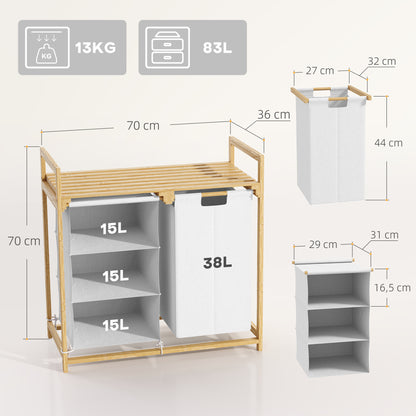 HOMCOM Wäschekorb mit Wäschesack, Stoffschublade, Bambus, 70x36x70 cm, Weiß/Holz