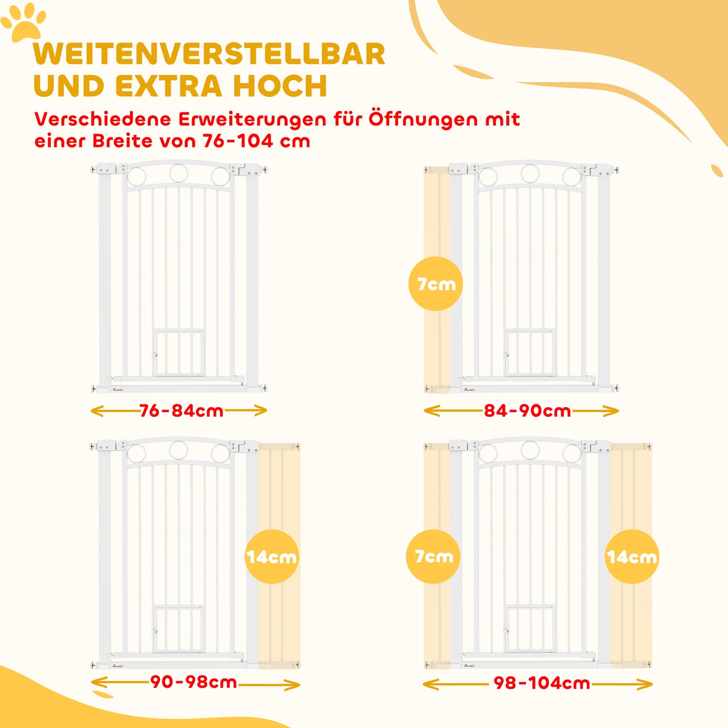 PawHut 106 cm hohes Haustiergitter mit anpassbarer Breite, integrierte Katzentür, für Treppen und Türrahmen, Weiß