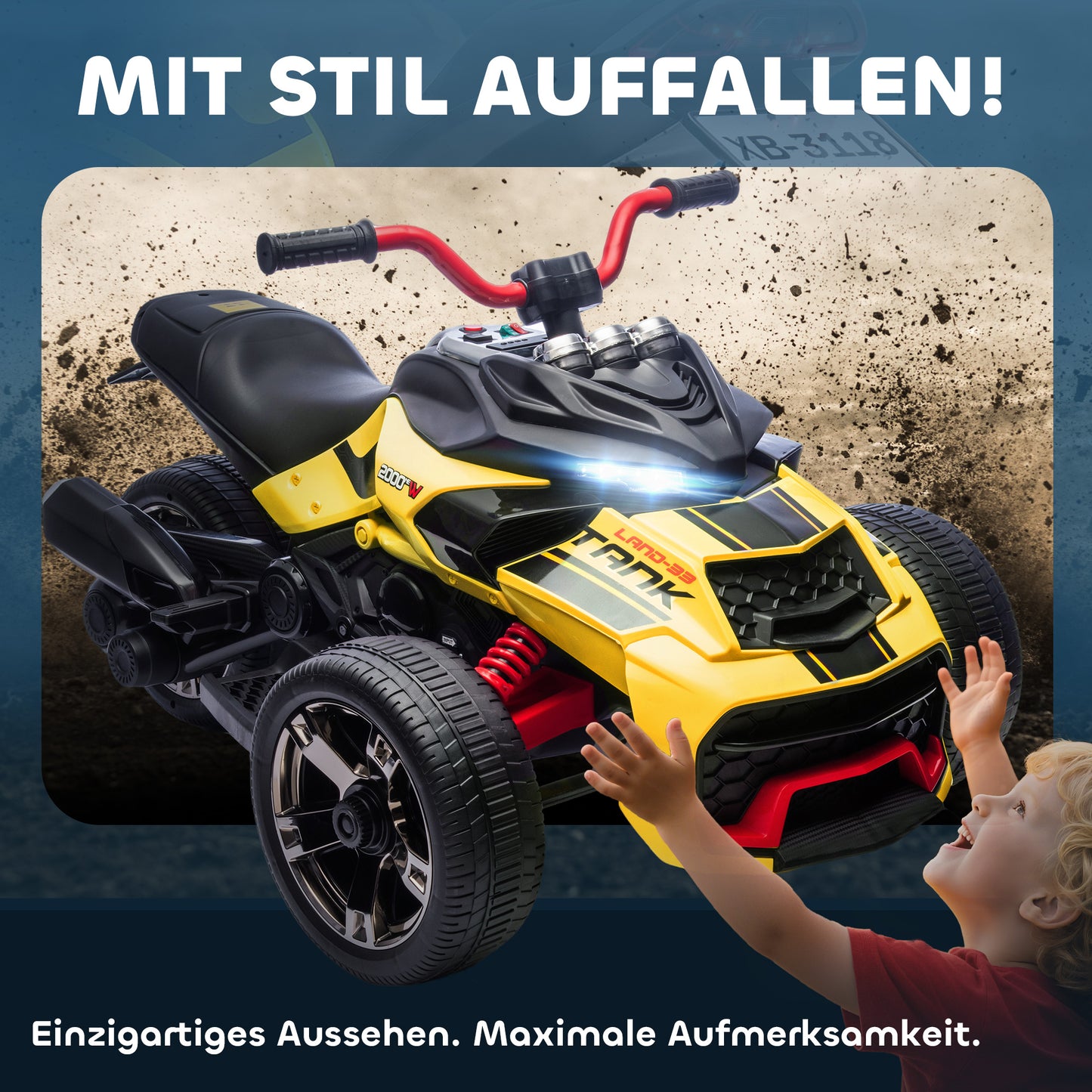 AIYAPLAY Elektrisches Kinderfahrzeug, Reverse-Dreirad-Design, Batteriebetrieb, MP3-Player, Hupe, 2 Geschwindigkeiten, LED-Lichter, 3-8 Jahre, Gelb