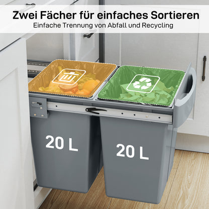 HOMCOM Ausziehbarer Mülleimer, 2 x 20 L, entnehmbare Behälter, Kunststoff, Metall, Grau