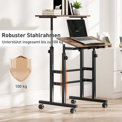 HOMCOM chreibtisch Höhenverstellbar Küchentisch mit Regal, Rollen, Computertisch Rustikal Braun 60 x 60 x 70,5-120 cm