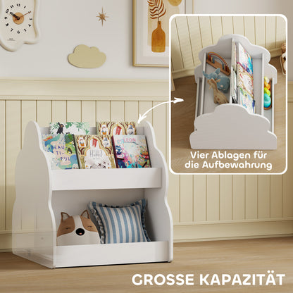 AIYAPLAY Kinderregal, 2-stöckiges Kinder-Bücherregal mit Rädern, 4 Regalen, für Kinderzimmer, Spielzimmer, 54x50x56 cm, Weiß