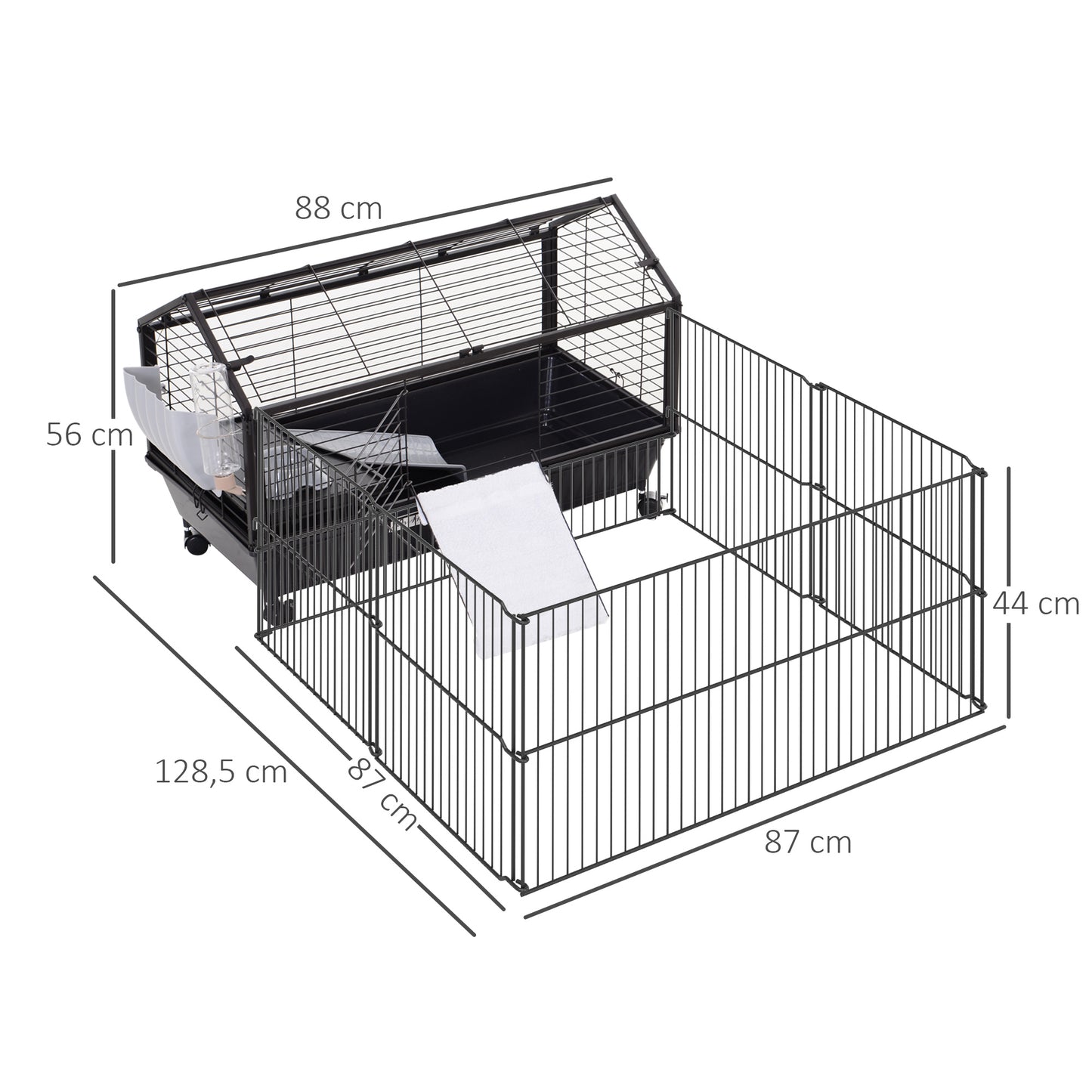 Pawhut Kleintierkäfig mit Freigehege inkl. Zubehör 88 cm x 128,5 cm x 56 cm 4 Rollen Schwarz Metall Polypropylen