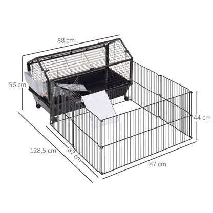 Pawhut Kleintierkäfig mit Freigehege inkl. Zubehör 88 cm x 128,5 cm x 56 cm 4 Rollen Schwarz Metall Polypropylen