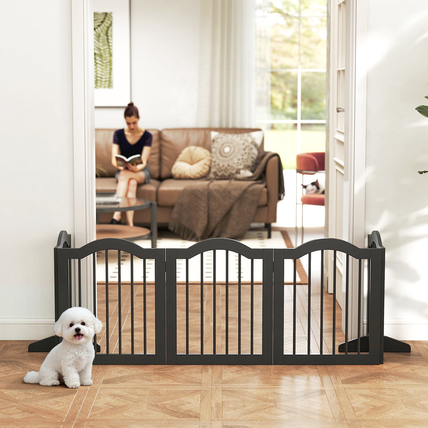 PawHut Absperrgitter Hund Freistehendes Schutzgitter mit Füßen, Klappbar Hundegitter, 5 Paneelen, 261,5 x 29,5 x 61 cm, Schwarz