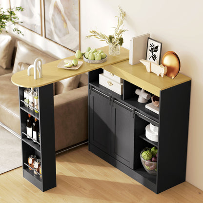 HOMCOM Ausziehbarer Bartisch, zu L-Form umwandelbar, viel Stauraum, 3 verstellbare Regale, Spanplatte, MDF, Schwarz