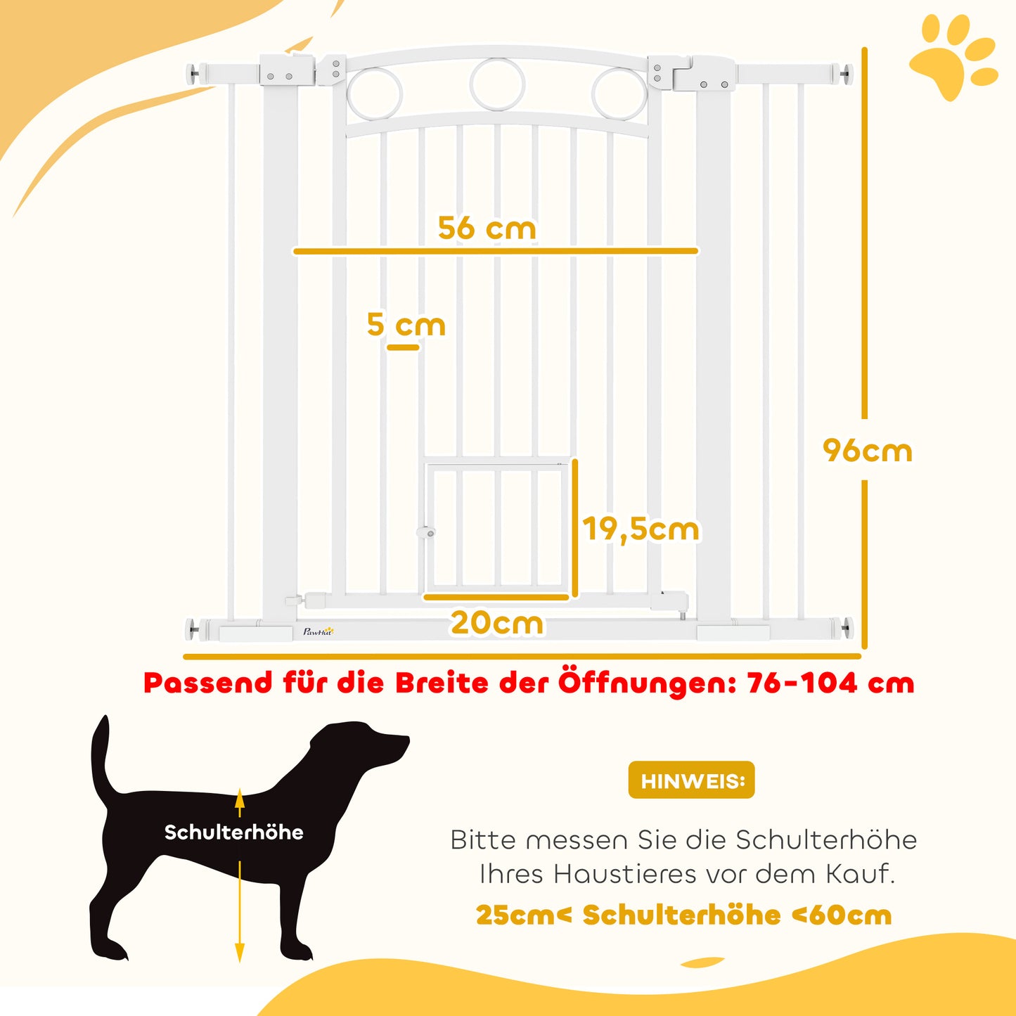PawHut Haustiertor, 96 cm Treppengatter, verstellbare Breite 76-104 cm, mit Katzentür, für Treppen und Türöffnungen, Weiß