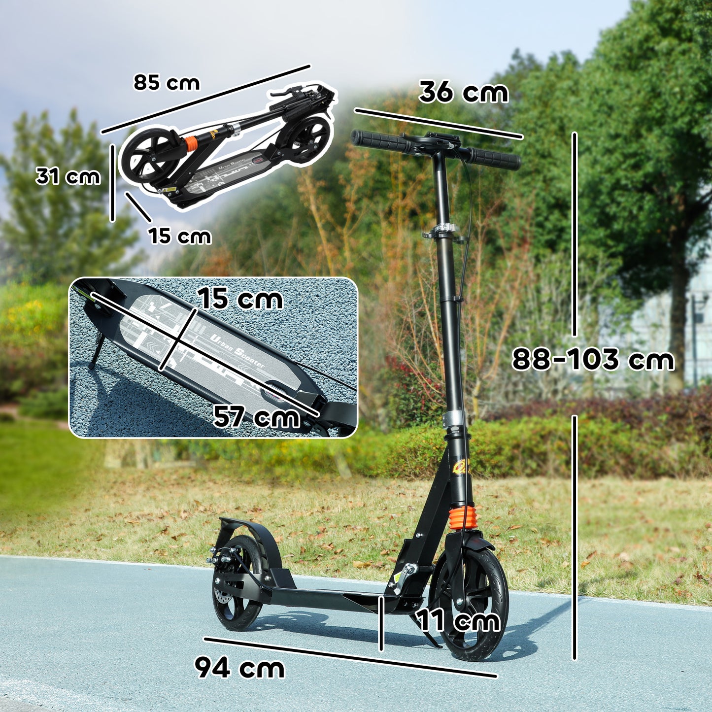 AIYAPLAY Roller Kinder Scooter mit verstellbaren Griffen klappbarer Kinderroller für Kinder 6-12 Jahre 94 x 36 x 88-103cm Schwarz