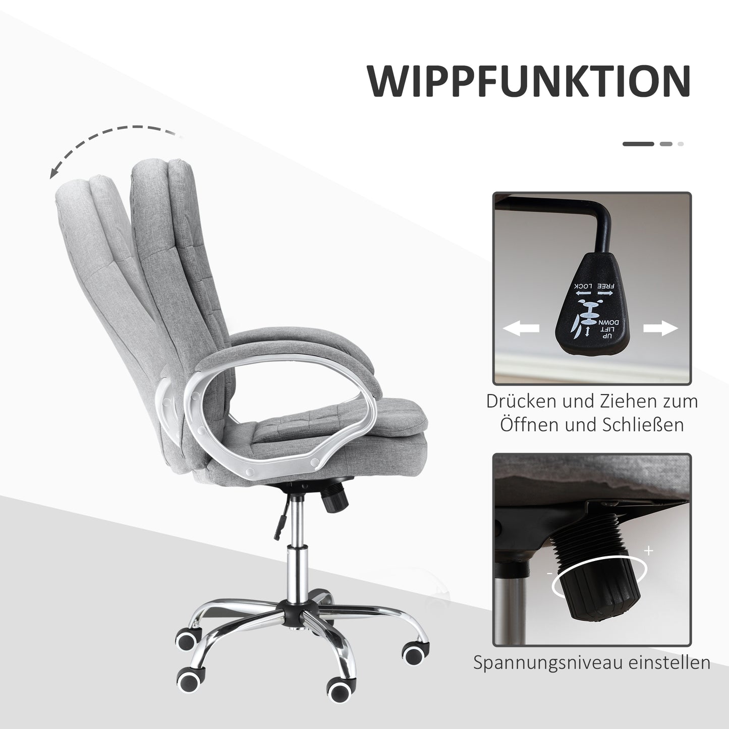 Vinsetto Bürostuhl Arbeitsstuhl Schreibtischstuhl Drehstuhl 360° Ergonomisch Wippfunktion Höhenverstellbar Grau Leinen 64 x 75 x 111-121 cm