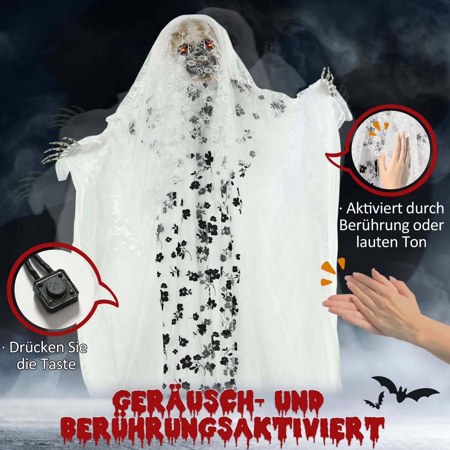 Outsunny Halloween-Dekoration Geisterbraut, Schreie & Augenleuchten, bewegungsaktiviert, 170cm groß, Indoor