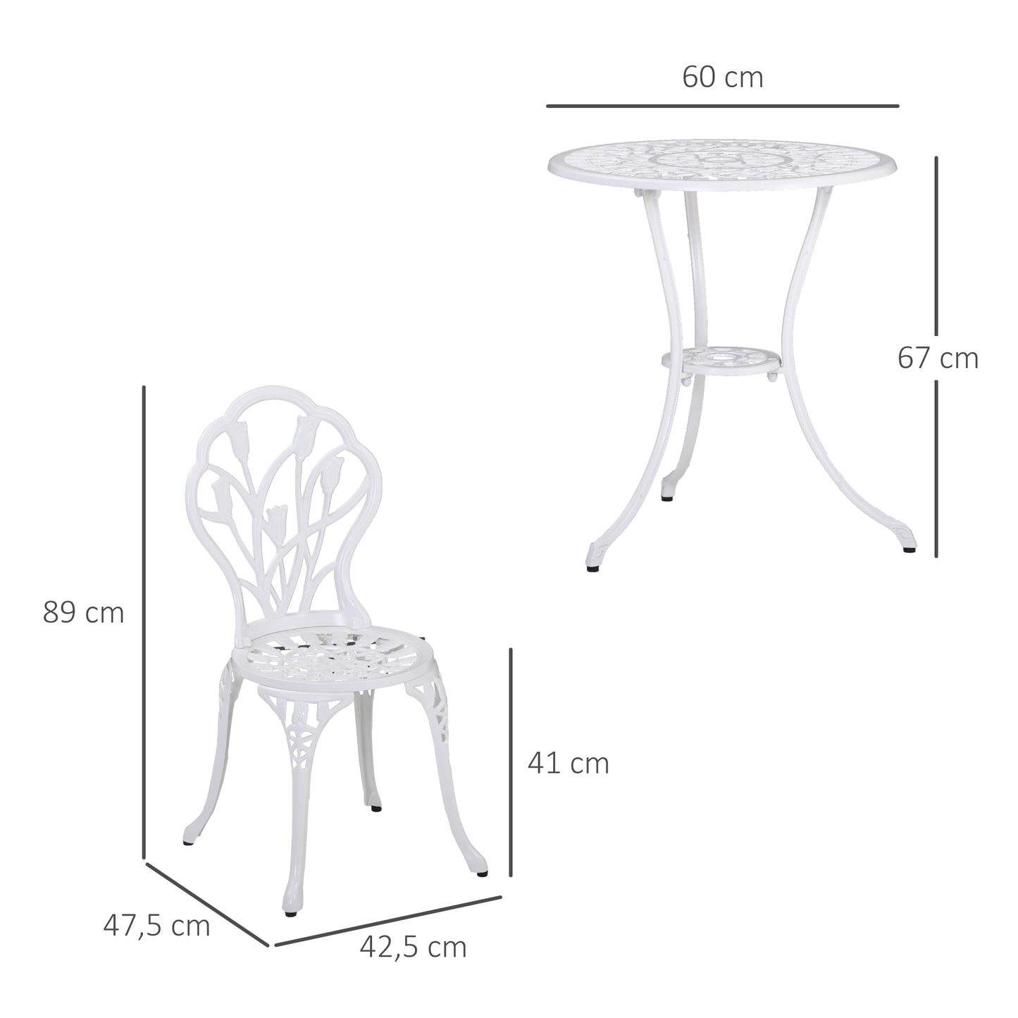 Outsunny Sitzgruppe für 2 Personen Essgruppe Gartenmöbel-Set 1 Tisch+2 Stühle mit Schirmloch Aluminium Weiß