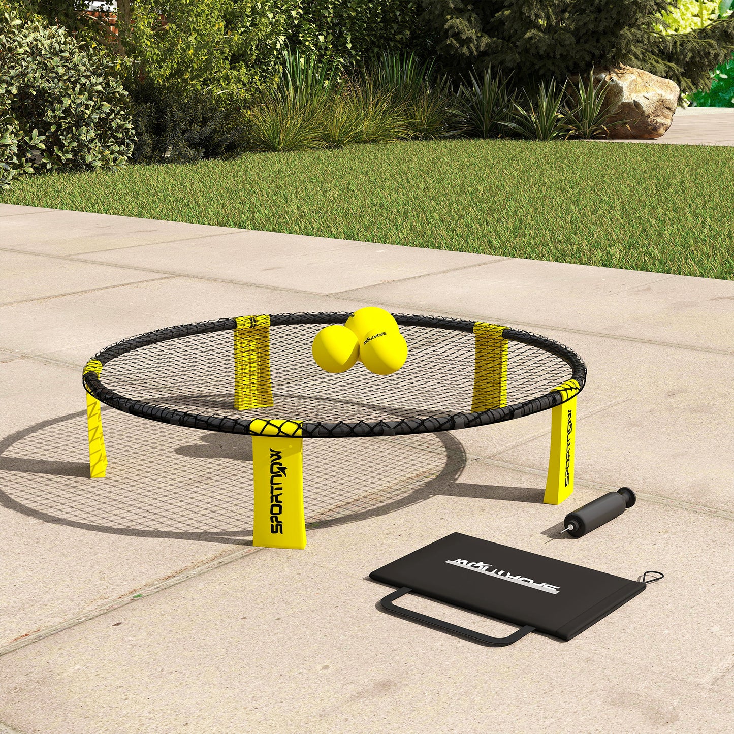 SPORTNOW Roundnet Set Spieleset mit Spielnetz 3 Bällen Tragetasche Ballpumpe Spikeball Set Ø92 x 20 cm Gelb