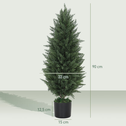 HOMCOM 2er-Set Künstliche Zypressen, Kunstbäume mit 831 Blättern, mit Zementtopf, UV-beständig, Kunstpflanze, 90 cm, Grün