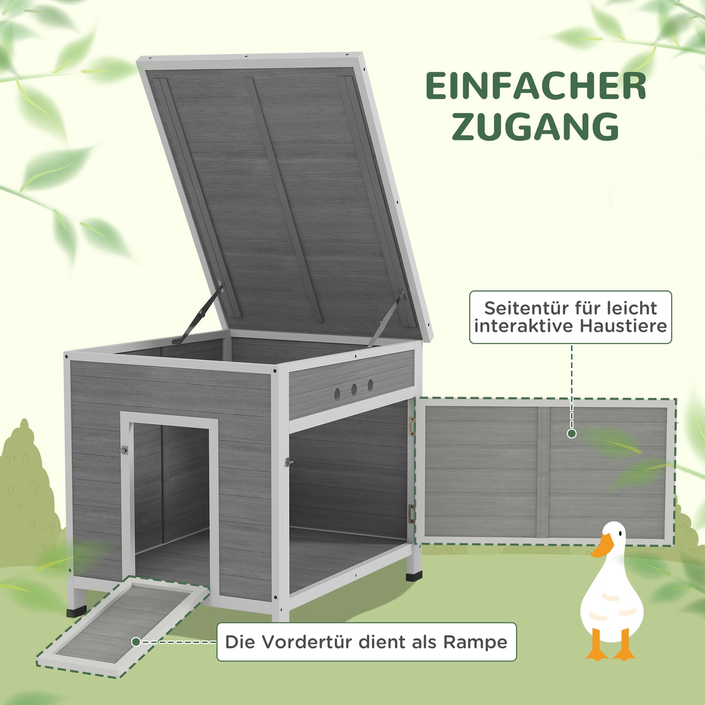 PawHut Entenstall, Entenhaus mit Seitentür, Belüftungslöchern, Geflügelstall Hühnerhaus aus Tannenholz, Gänsestall, Hühnerstall mit wasserdichtem Asphaltdach, 63 x 82 x 76 cm, Hellgrau