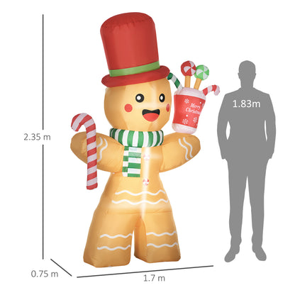 HOMCOM Aufblasbarer Lebkuchenmann, 2,35 m, mit LED-Lichtern, wetterfest, inkl. Gebläse, Mehrfarbig, Weihnachtsdeko