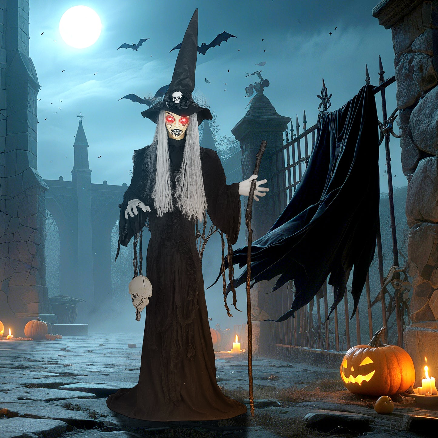 Outsunny 170 cm Halloween Dekoration Halloween Hexe mit LED-Lichter, Soundfunktion verstellbare Arme, Kopf