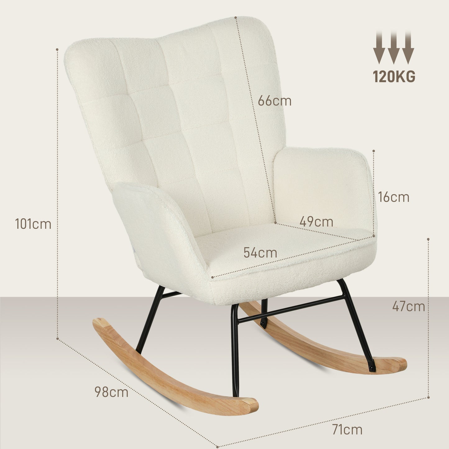 HOMCOM Schaukelstuhl in Vliesoptik mit Armlehnen, Ergonomischer Sessel mit Holzkufen, für Wohnzimmer, Schlafzimmer, Weiß