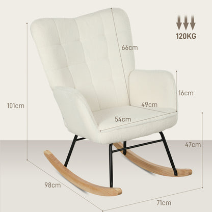 HOMCOM Schaukelstuhl in Vliesoptik mit Armlehnen, Ergonomischer Sessel mit Holzkufen, für Wohnzimmer, Schlafzimmer, Weiß