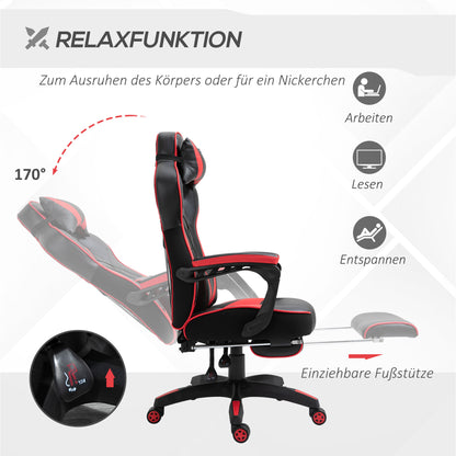 Vinsetto Ergonomischer Bürostuhl, Gaming Stuhl, Drehstuhl mit einziehbare Fußstütze und verstellbarer Rücken Schaumstoff+PU-Leder+Metall, Schwarz+Rot, 65 x 70 x 118,5-128,5 cm