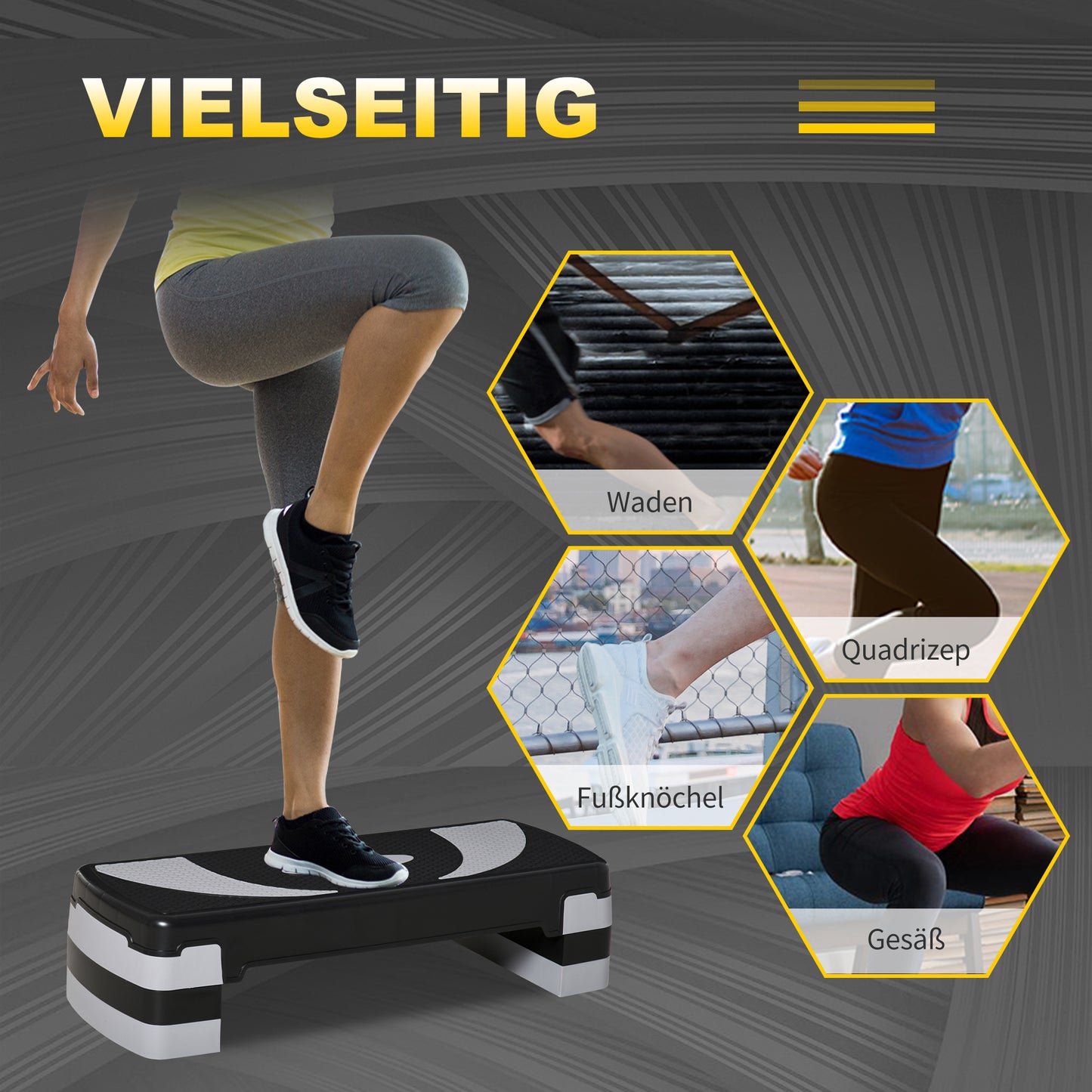 HOMCOM Aerobic-Stepper 3-stufig höhenverstellbar 80 x 31 x 20 cm Schwarz+Grau