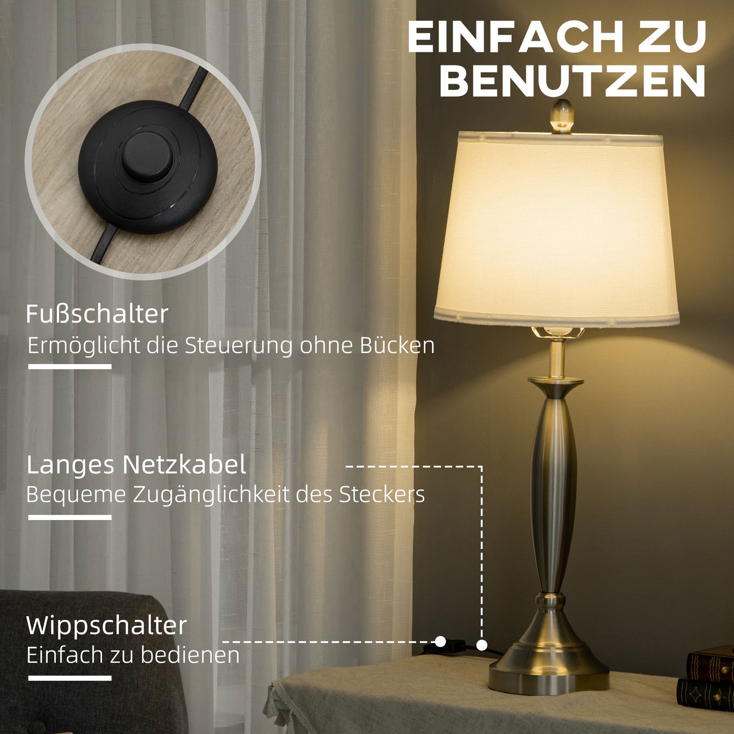 HOMCOM 3-teiliges Leuchten-Set. 1 Stehleuchte, 2 Tischleuchten, Leinenoptik; 38 cm x 38 cm x 158 cm, Silber + Weiß