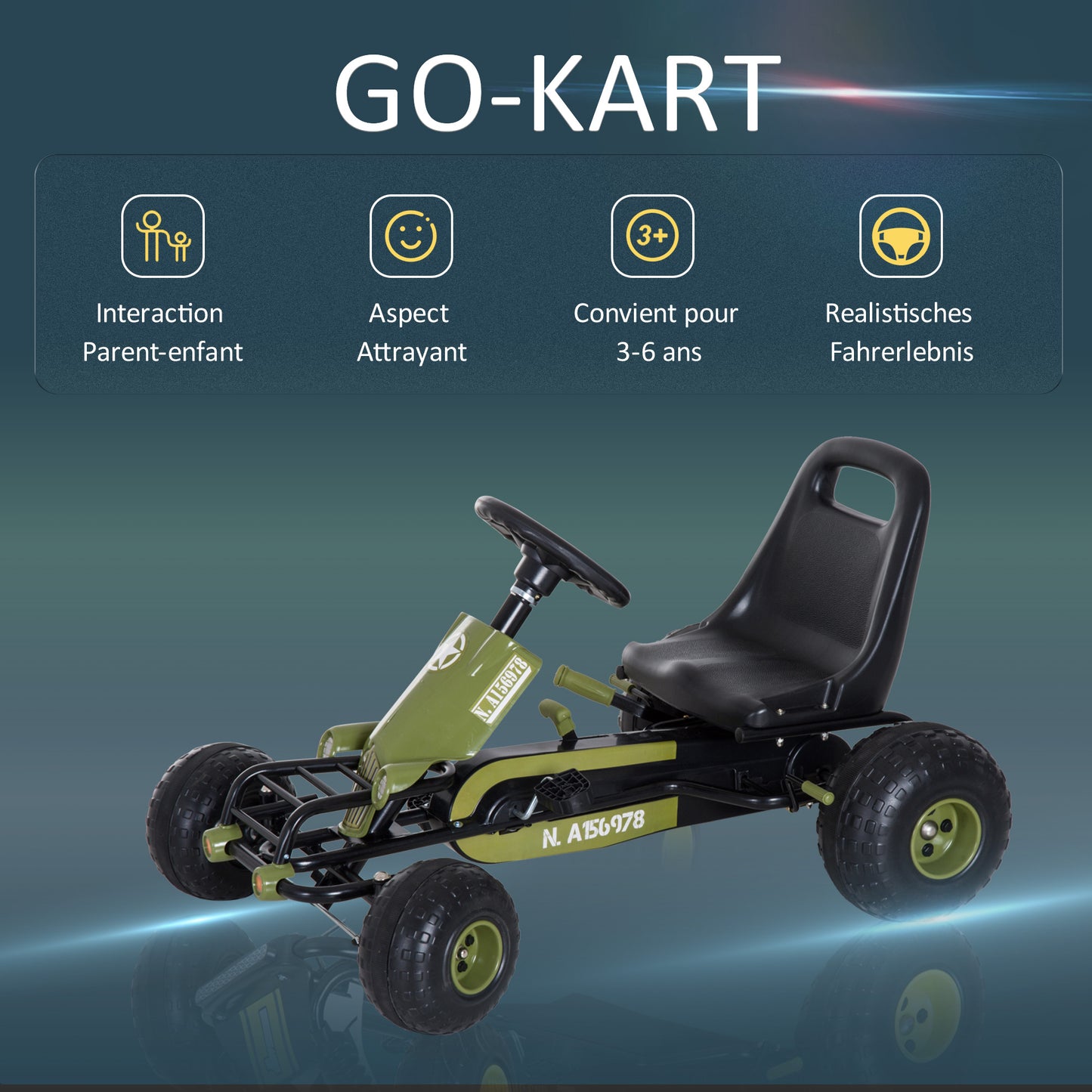 HOMCOM Go Kart Tretauto Tretfahrzeug mit Handbremse, Vor- und Rückwärtsgang, Kinderfahrzeug Kettcar Tretfahrzeug mit Verstellbarem Sitz für Kinder 3-6 Jahren, 99 x 65 x 56cm Grün