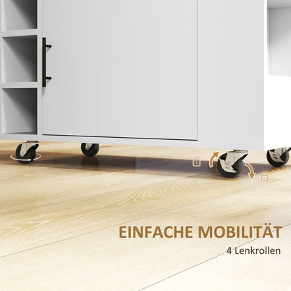HOMCOM Küchenwagen, Rollbare Kücheninsel, Küchen-Trolley mit Fächern, Weinregalen, Schrank und Arbeitsfläche, Weiß