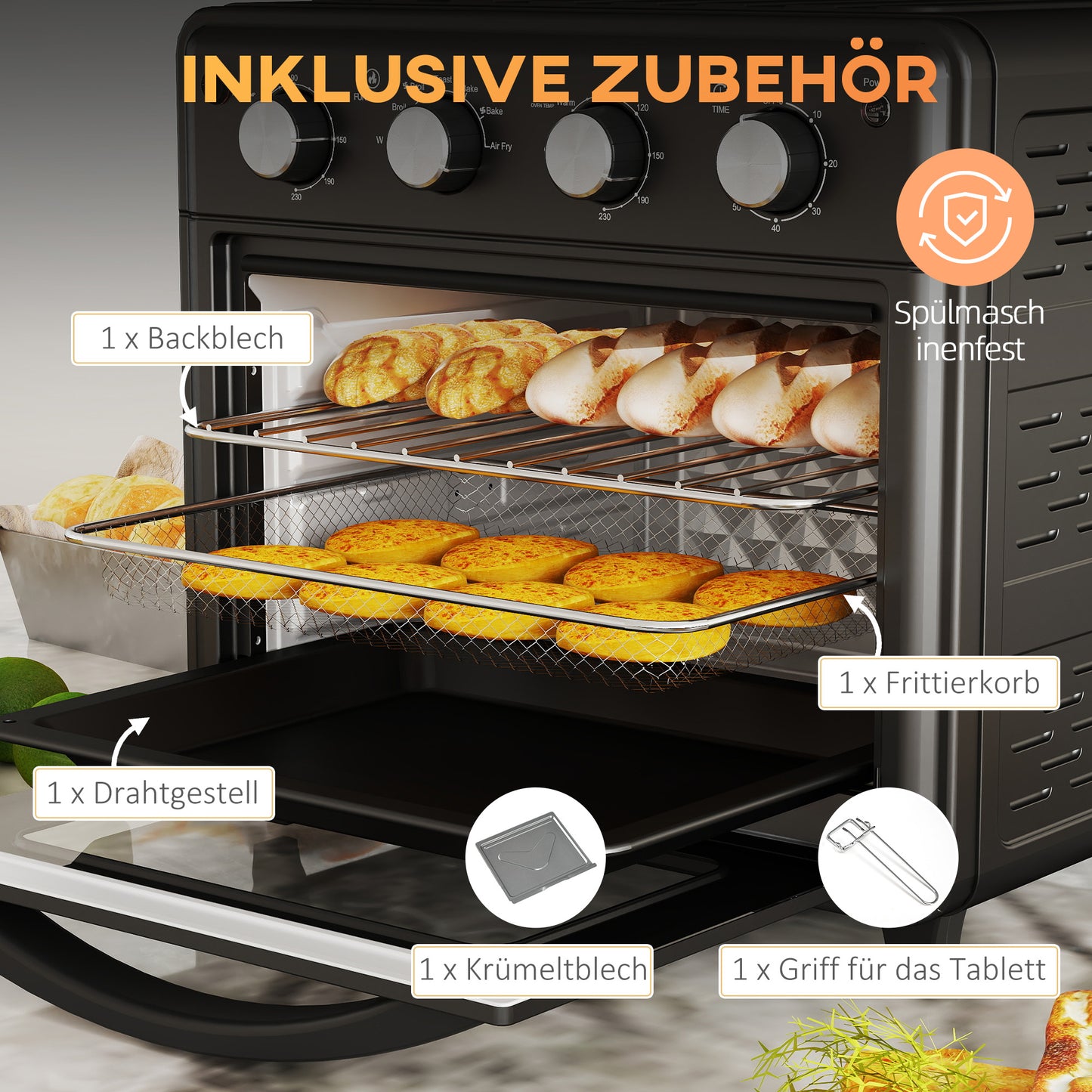 HOMCOM Minibackofen, Heißluftfritteuse, 90-230° C, 7 Programme, Zubehör, Schwarz