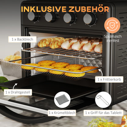 HOMCOM Minibackofen, Heißluftfritteuse, 90-230° C, 7 Programme, Zubehör, Schwarz