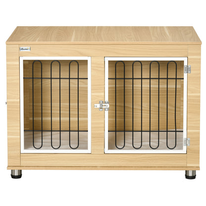 PawHut Hundekäfig, waschbares Kissen, Hundebox, 2 Verriegelungen, 90 cm x 58 cm x 65 cm, Natur + Schwarz + Weiß