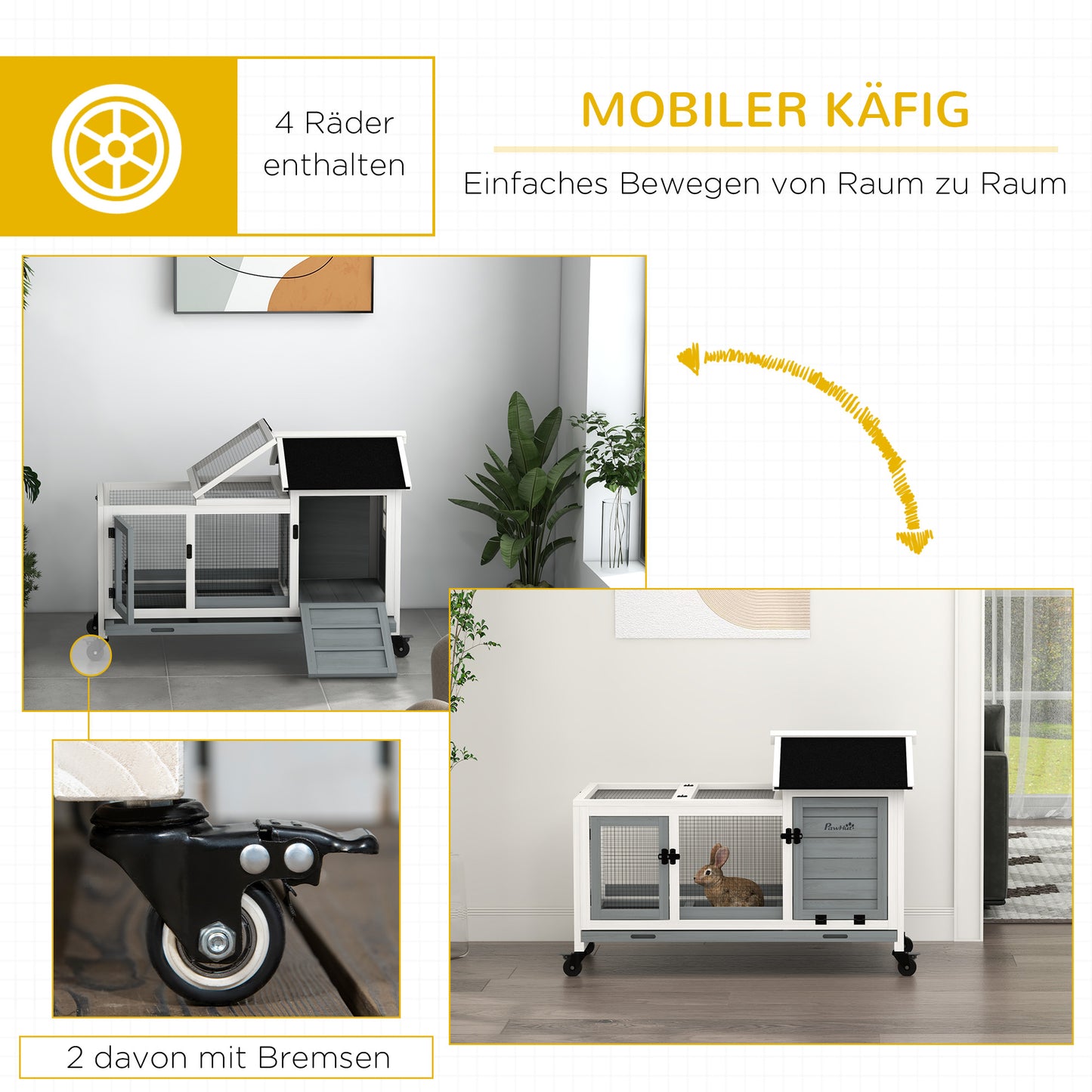 PawHut Kleintierstall für Zwergkaninchen, Meerschweinchen, mit Rädern, 108 x 58 x 73,5 cm, Grau