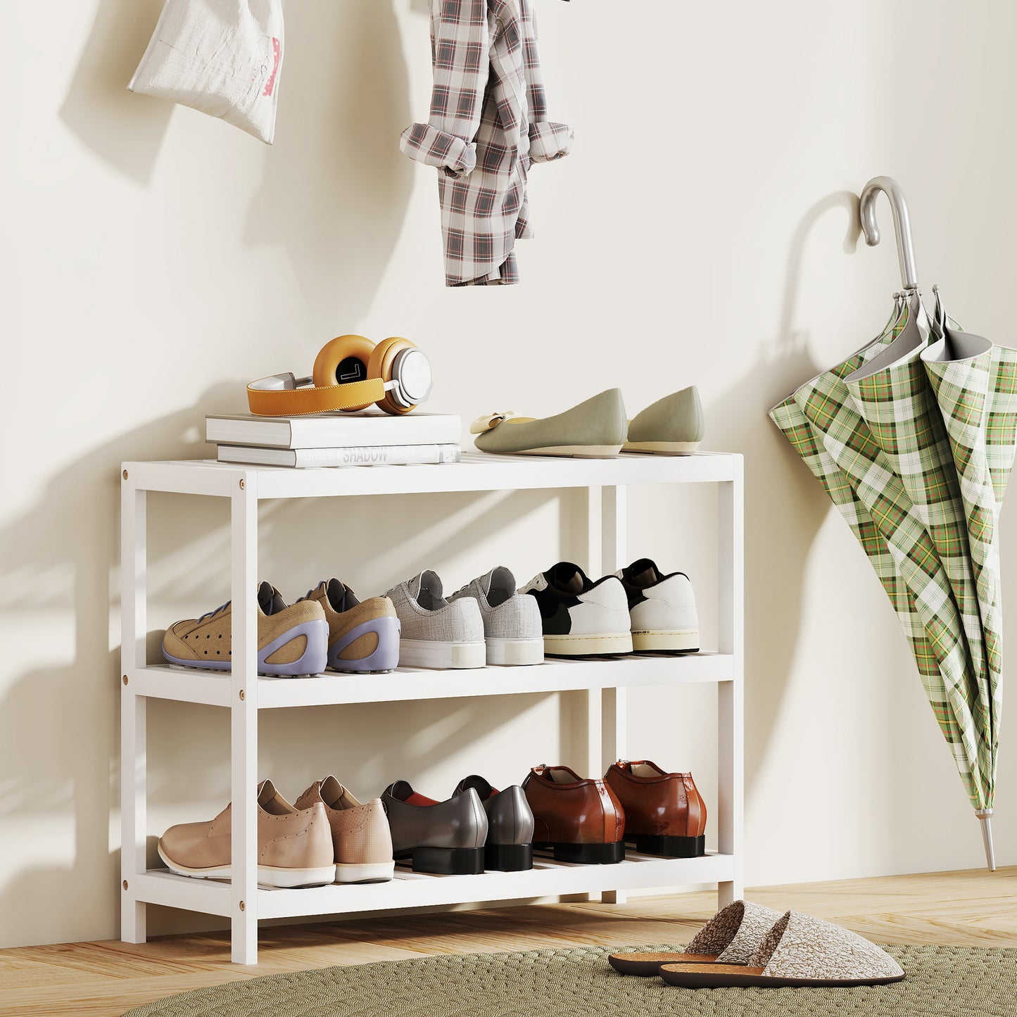 HOMCOM 3-stufiges Bambusregal, Schuhregal, Aufbewahrungsregal, lackierte Oberfläche, Weiß