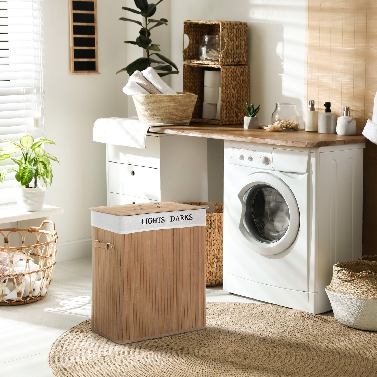 HOMCOM Bambus Wäschekorb mit Deckel 100 L Wäschesammler mit PU-Griffen, Wäschesack aus Segeltuch, Laundry Baskets Wäschesortierer für Waschküche Schlafzimmer Badezimmer Natur