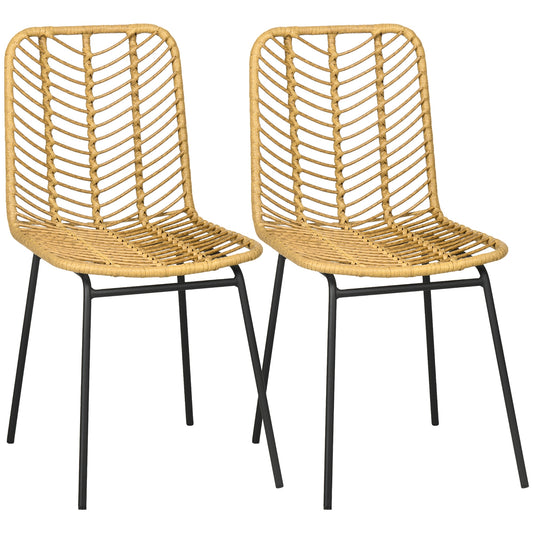HOMCOM 2er-Set Esszimmerstühle im Boho-Stil, Akzentstuhl, PE-Rattan, 44 cm x 58 cm x 85 cm, Natur + Gelb
