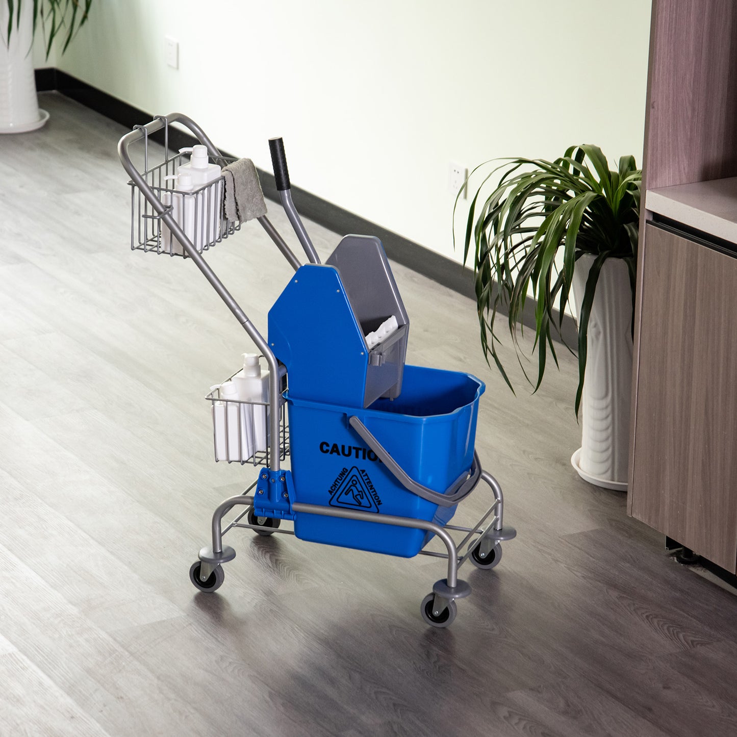 HOMCOM Reinigungseimer, Wischmoppeimer, rollbar, Kunststoff, Metallgriff, Blau