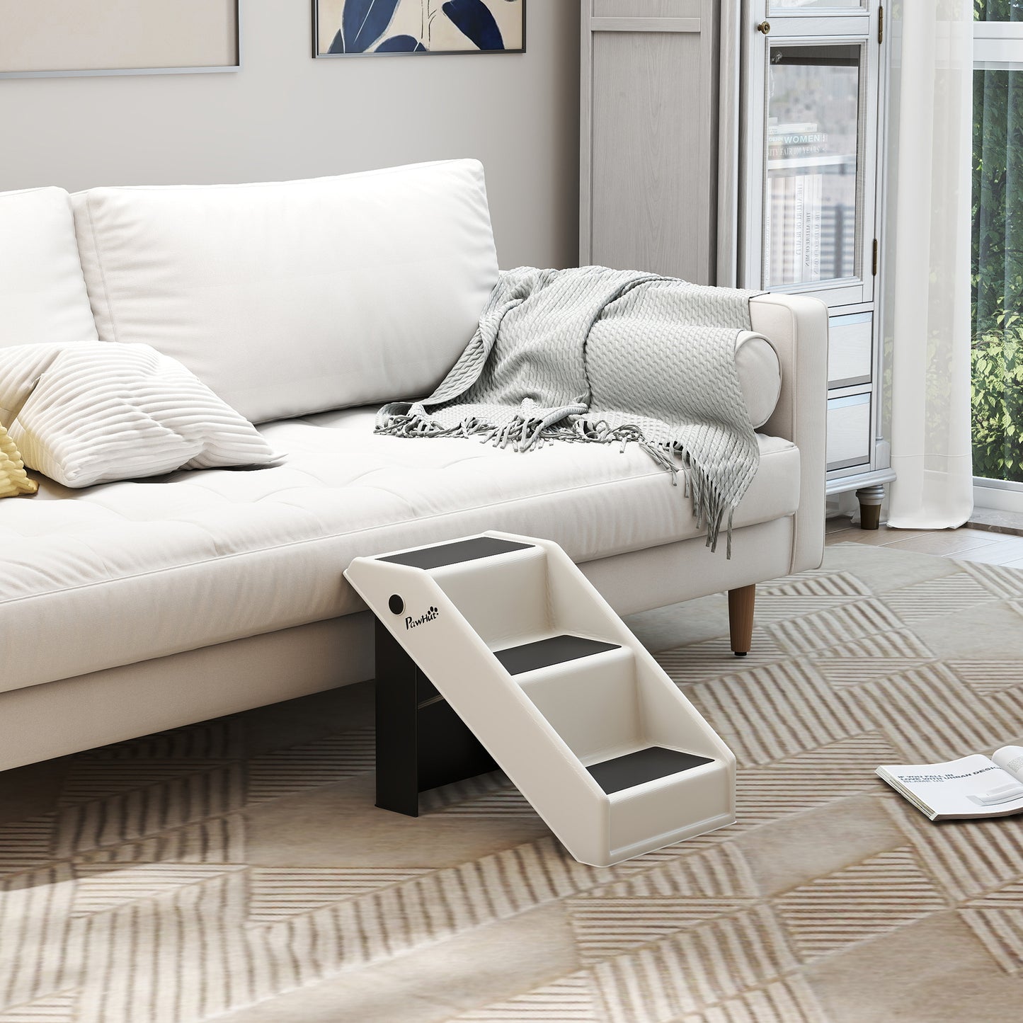 PawHut Hundetreppe 3 Stufen 36,5 cm Hoch Haustiertreppe für Kleine Hunde klappbar für Bett, Sofa, Couch Auto Cremeweiß