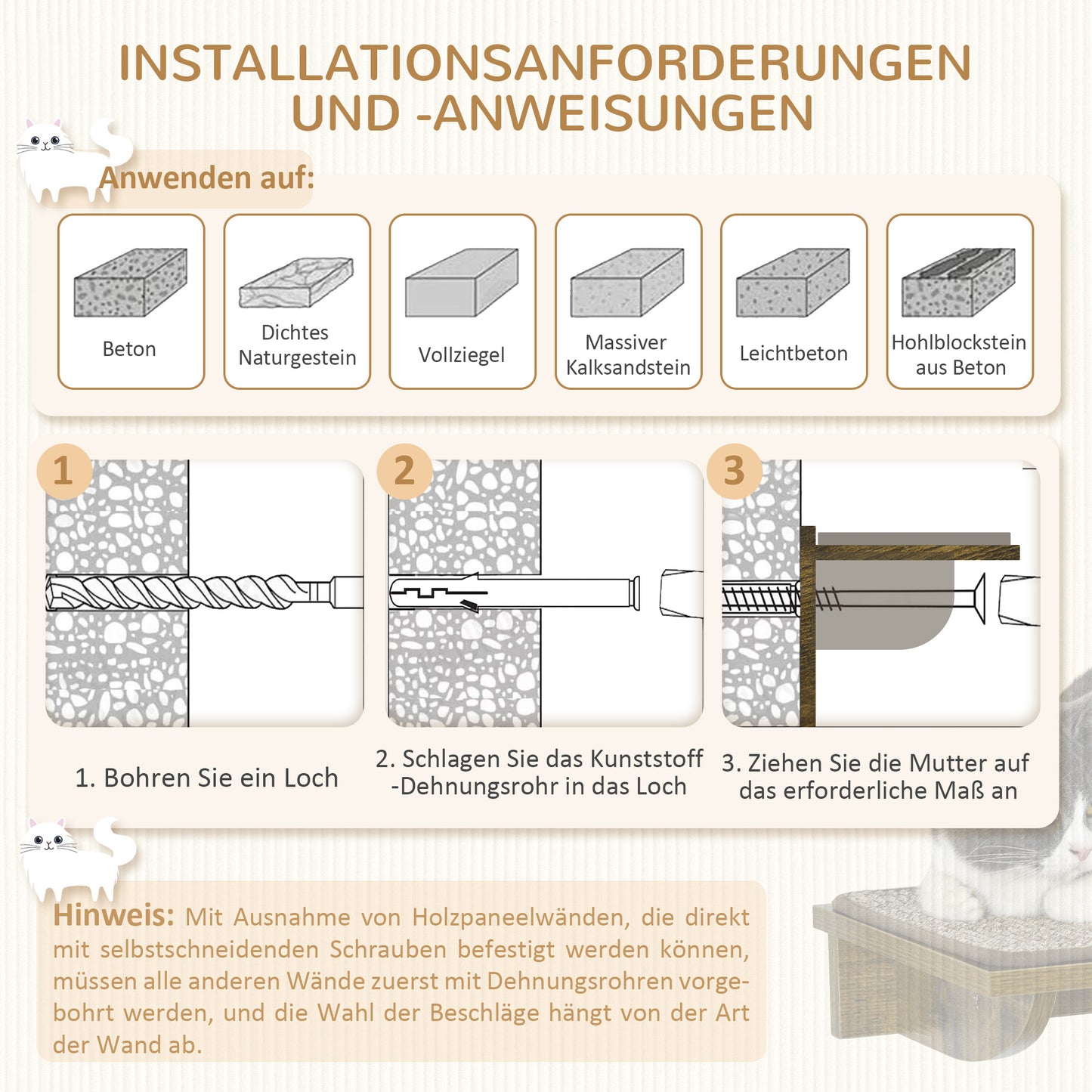 PawHut Katzentreppen-Set, Kletterwand, 8-teilig, bis 8 kg, robust, Braun/Cremeweiß